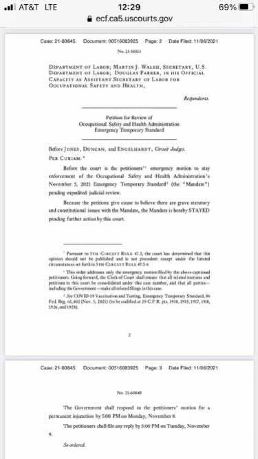 突发：联邦上诉法院刚刚发布了对拜登的疫苗授权的暂时停止。

紧急听证会将很快举行。

我们将在法庭上度过一天，以打击拜登违宪滥用权力的行为。