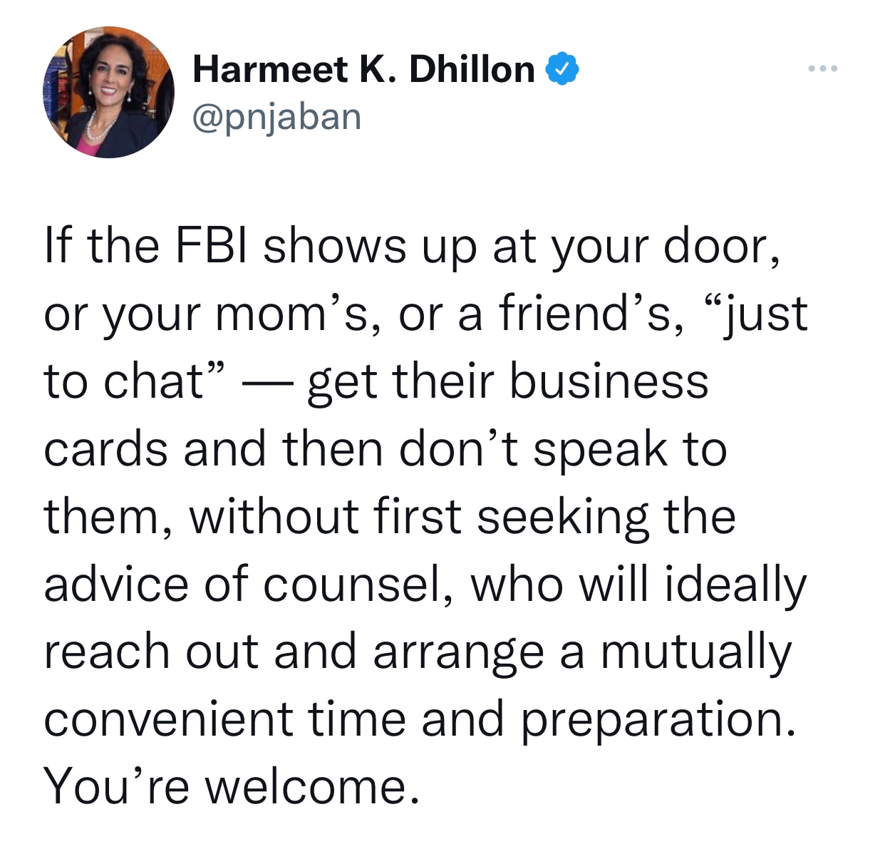 Awesome advice from a great attorney, Harmeet Dhillon.  