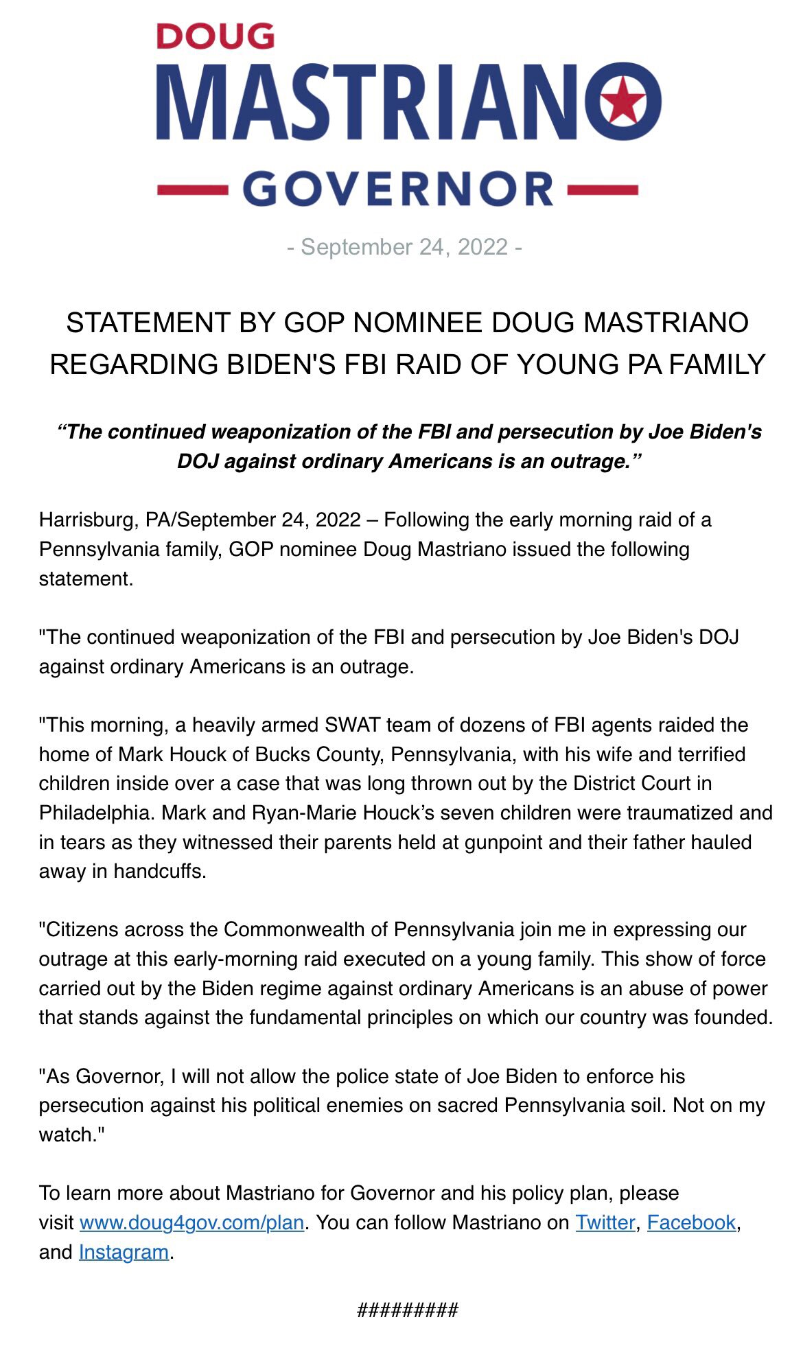 🚨STATEMENT FROM DOUG MASTRIANO RE: BIDEN’S FBI RAID OF PENNSYLVANIA HOUCK FAMILY🚨