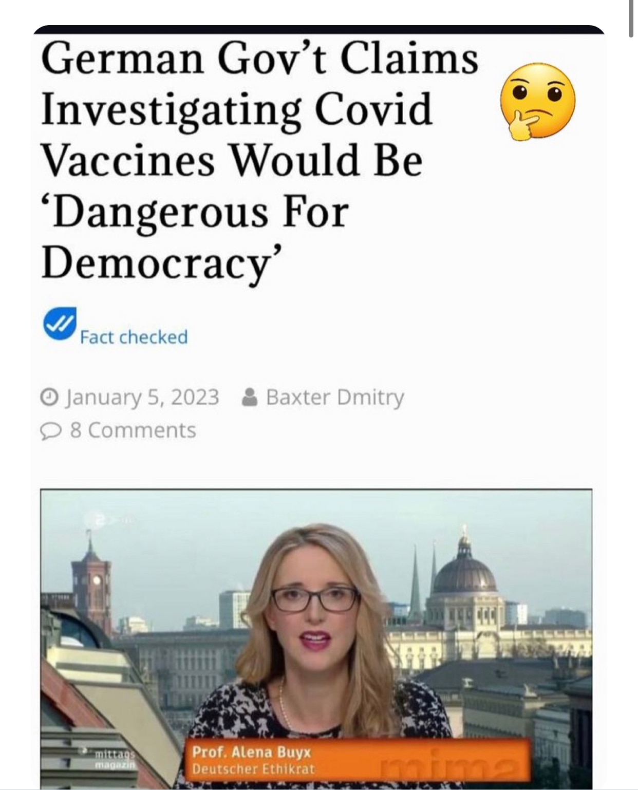 Le gouvernement Allemand affirme qu’enquêter sur le vaccin #Covid serait dangereux pour la démocratie.

La #démocratie, n’est bonne que si elle sert le camp du bien. Au moins, elle a l’honnêteté de le dire.