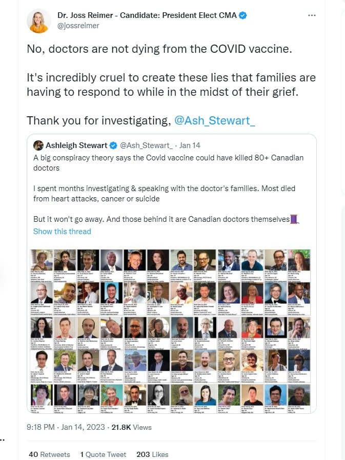 💥 "No, doctors are NOT dying from the COVID Vaccine" 💥

New Canadian Medical Association President...