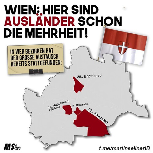 🔴 Wien: Migranten werden die Mehrheit

▪️Die "Verschwörungstheorie vom Großen Austausch" nimmt Gestalt an: In vier Bezirken sind Ausländer bereits die Mehrheit.

❗️In Wien insgesamt haben 49% der Bevölkerung Migrationshintergrund, das Kippen ist nur noch eine Frage der Zeit.

‼️ In keinem einzigen Bezirk liegt der Anteil der Migranten unter 30% - ein Drittel stellen sie überall.

ℹ️ Eh klar: Als "Ausländer" zählt nur, wer selbst im Ausland geboren wurde oder zumindest ein Elternteil hat, das im Ausland geboren wurde. Alle anderen sind auch dann "Österreicher", wenn sie kein Wort Deutsch sprechen und sich selbst nie als Österreicher bezeichnen würden. 
Damit haben wir kein klares Bild der Lage. Eigentlich sind die 50% wohl schon längst überschritten.