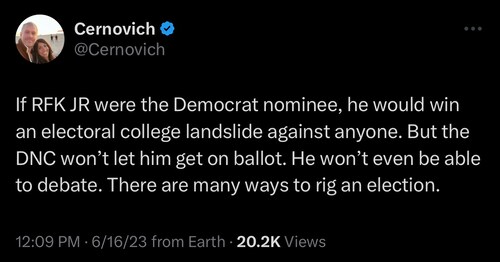 Trump/Kennedy 24 

https://twitter.com/cernovich/status/1669784259278835715?s=46&t=ECqdZL_9ZGFJGqr2d...
