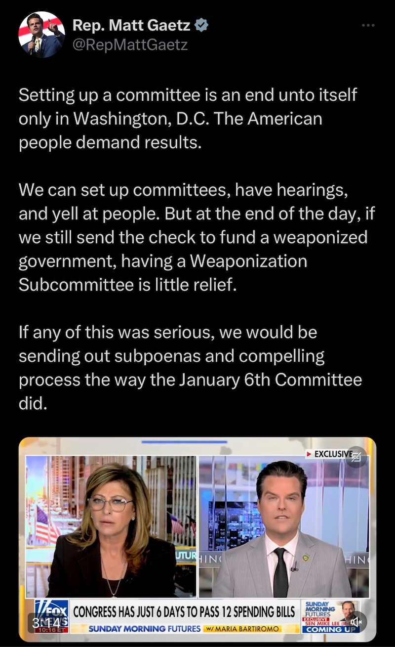 Gaetz Destroys McCarthy and His Speakership on Maria 

https://x.com/repmattgaetz/status/17059679264...