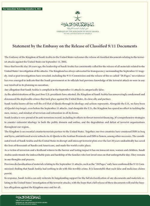 Statement by the #Saudi Embassy on the Release of Classified 9/11 Documents.  https://saudiembassy.net/news/statement-embassy-release-classified-911-documents #911truth #america #afghanistan