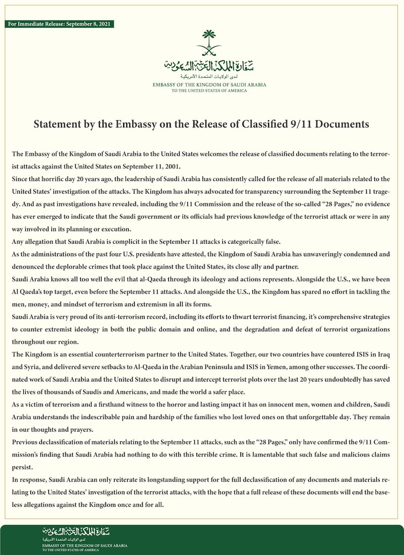 Statement by the #Saudi Embassy on the Release of Classified 9/11 Documents. 
https://saudiembassy.n...