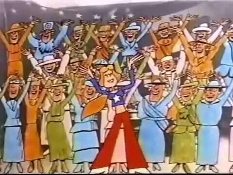 A star-spangled dressed woman teaches and sings about the steps women took to get their right to vot...