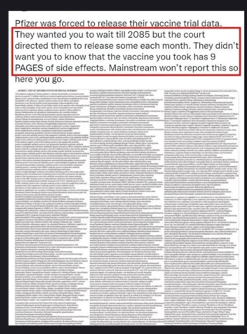 The FDA has lost the case in court! Pfizer is forced to release all vaccine data, 9 pages on side effects! There are more than 1000 adverse reactions listed in the currently disclosed documents, many of which are known for the first time: Fasciitis, swollen eyes, facial paralysis, alopecia areata, anaphylactic shock, anaphylaxis during pregnancy, acute cardiomyopathy, acute respirator ... If any of them happens to you within 5 years, you can sue Pfizer and get huge compensation!

You don't have to wait till year 2085, Pfizer hopes you can never read these because it ensures everybody that got their vaccine shots will DIE before that!
https://www.icandecide.org/pfizer/

Download: https://phmpt.org/wp-content/uploads/2021/11/5.3.6-postmarketing-experience.pdf