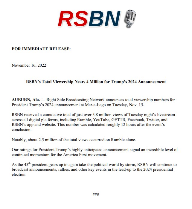 RELEASE: RSBN’s Total Viewership Nears 4 Million for Trump’s 2024 Announcement
https://www.rsbnetwor...