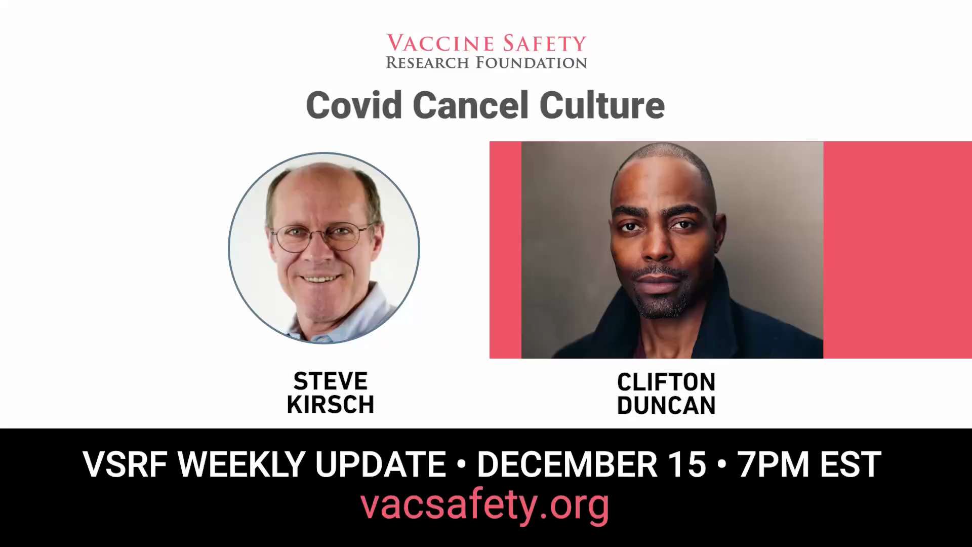 Covid Cancel Culture!

Next Thursday on the VSRF Weekly Update,
Broadway Actor Clifton Duncan joins Steve Kirsch & Louisa Clary to discuss his refusal to comply with Broadway's Vaccine Mandate. 

Thursday, Dec 15
7pm Eastern / 4pm Pacific

Register at http://VacSafety.org