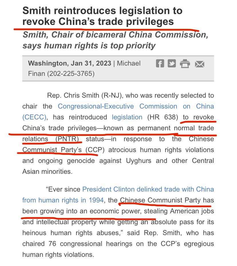 
重磅！美国国会出手了！
美国会参众两院提出2023年版本的中国的永久正常贸易关系(China Trade Relations Act of 2023)，要求废除中国的永久正常贸易关系(PNTR)地位...