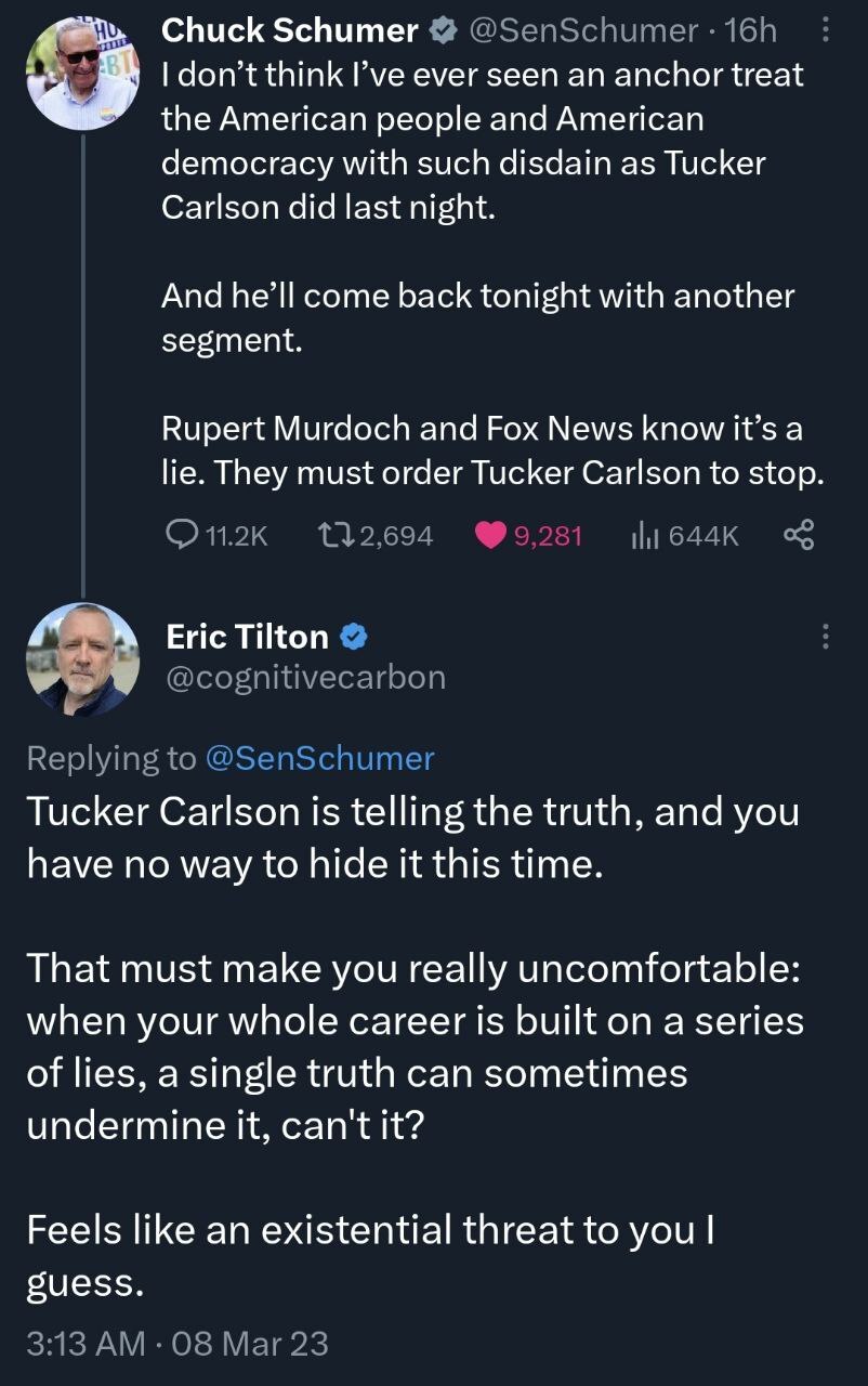 Long live the American Republic, Schumer. Thank you, Tucker

CognitiveCarbon 
#dtoo #umpg 