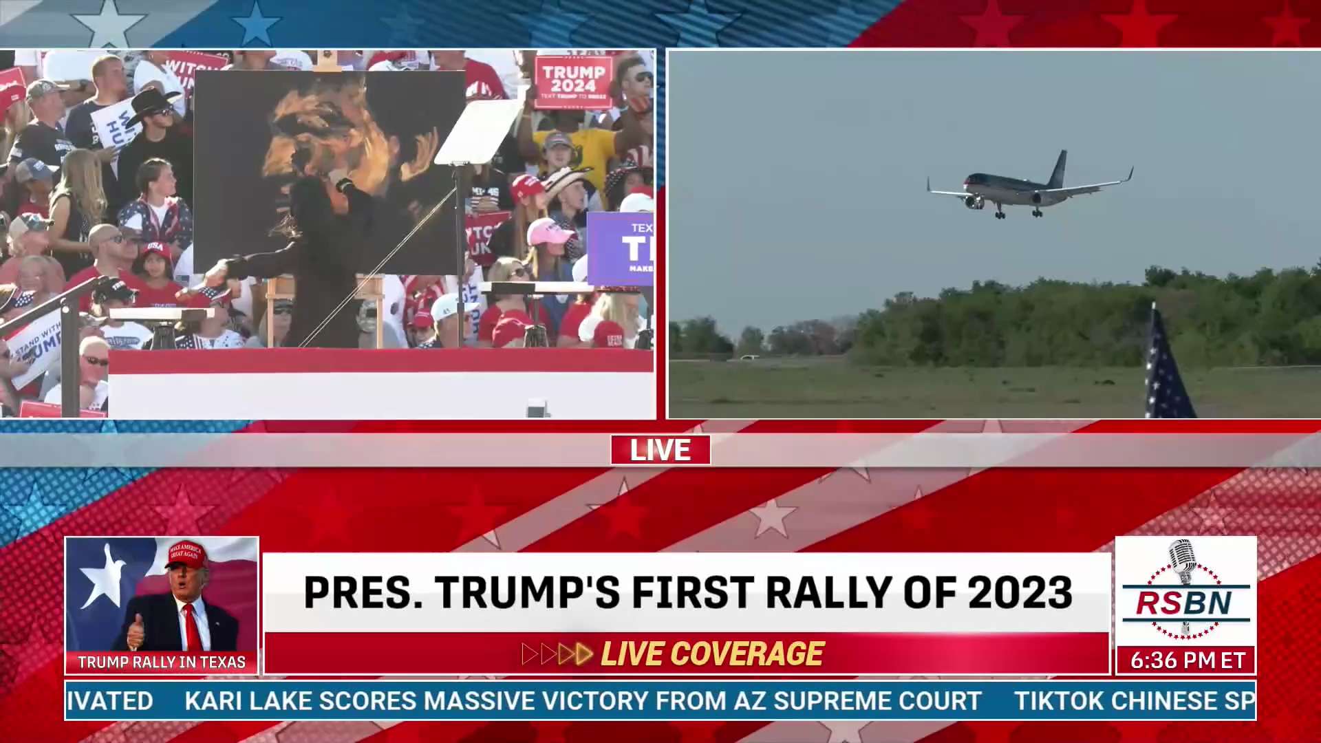 Trump Force One landing in Waco, TX for President Donald J. Trump's First 2024 Campaign Rally