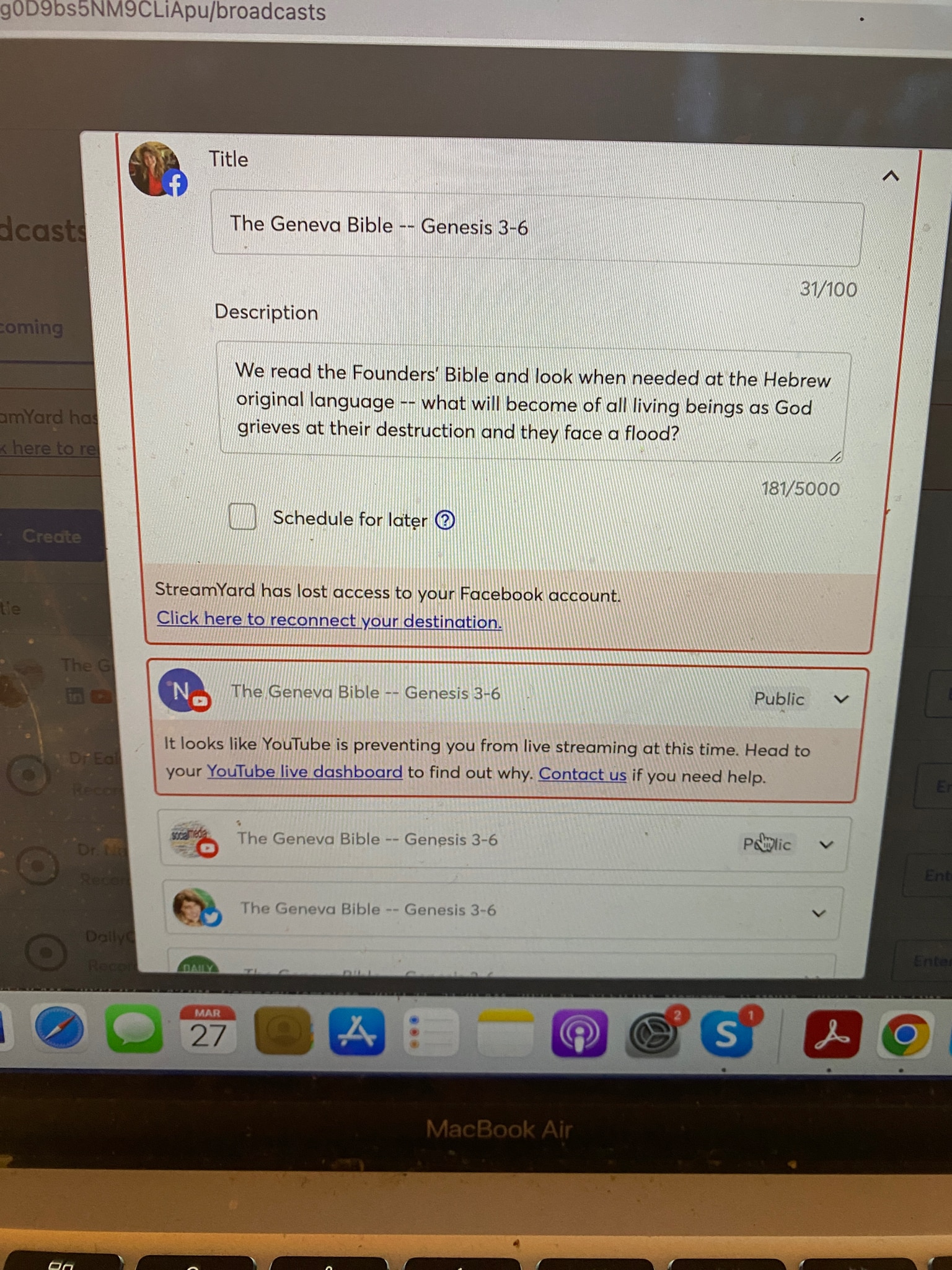 YouTube and Facebook are preventing me from livestream reading from the Founders’ Bible. We live in ...