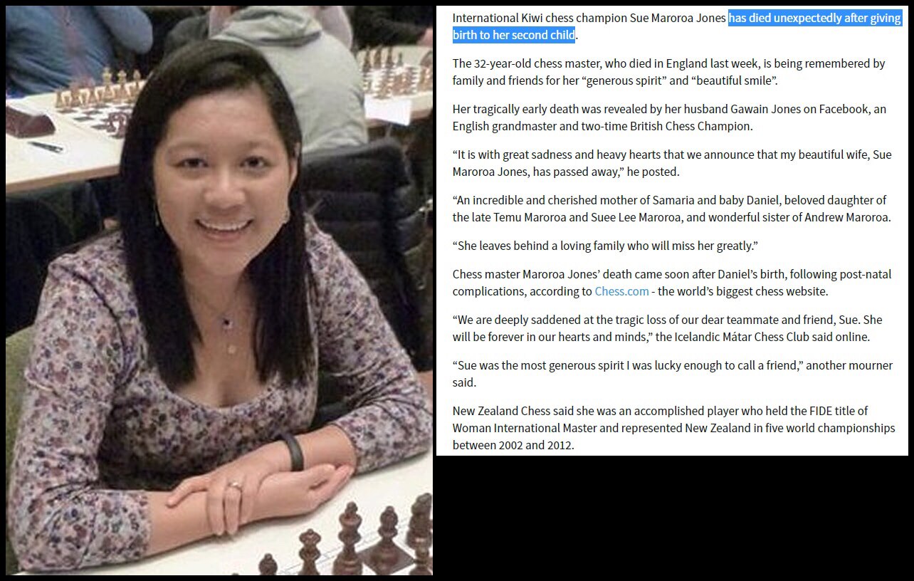 2023 年 5 月 11 日，32 岁的新西兰国际象棋冠军 Sue Maroroa Jones 在生下第二个孩子后突然去世，死因是“产后并发症” COVID-19 mRNA 疫苗导致妊娠并发症“激增...