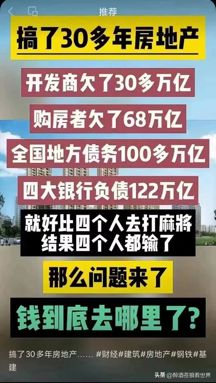 😳😳😳
#搞了30多年房地产📣
开发商欠了30多万亿📣📣
购房者欠了68万亿📣📣📣
全国地方债务100多万亿📣📣📣📣
四大銀行负 债122万亿📣📣📣📣📣
#就好比四...