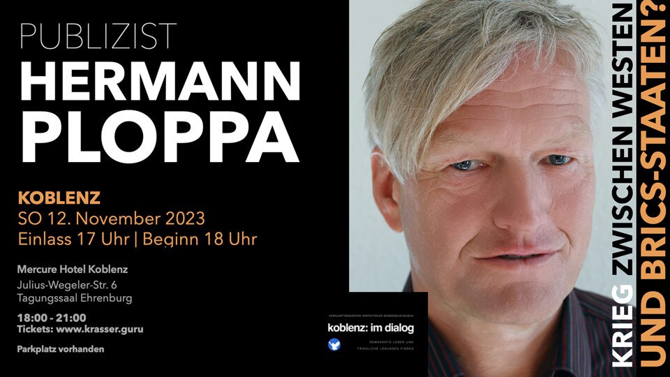 Krieg zwischen dem Westen und den BRICS-Staaten? – Vortrag von Hermann Ploppa

Den G7-Staaten unter der Führung der USA ist ein ernst zu nehmender Konkurrent erwachsen. Der neue Staatenbund BRICS schart heute schon fast die Hälfte der Erdbevölkerung und über vierzig Prozent der weltweiten Wirtschaftsleistung um sich. Lange Zeit sah es so aus, als sollte der Konkurrenzkampf der beiden großen Blöcke friedlich ausgetragen werden. Doch mittlerweile gärt es an vielen Nahtstellen der beiden Blöcke.

Datum: 12. November 2023

Uhrzeit: 18:00 – 21:00 Uhr

Ort: Hotel Mercure Koblenz, Julius-Wegeler-Straße 6, 56068 Koblenz

Karten gibt es hier: https://krasser.guru/veranstaltungen/krieg-zwischen-dem-westen-und-den-brics-staaten/