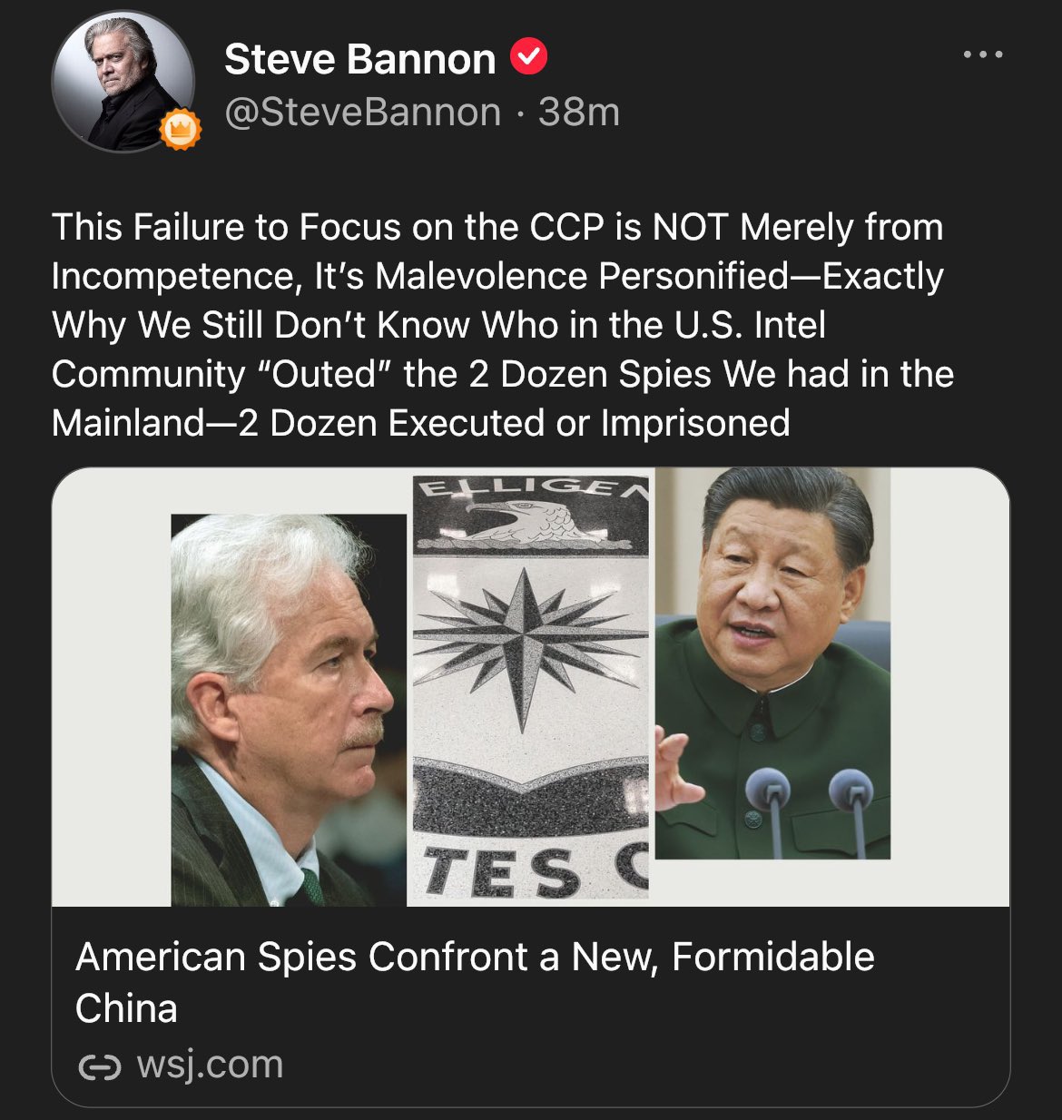 ❗️班农先生: 不关注中共并非仅仅是因为无能，而是邪恶的具体体现——正是因为这个原因，我们至今仍然不知道在美国情报界中，是谁“出卖”了我们在中国大陆的两打间谍，这两打间谍中有二十四人被处决或监禁。
网...