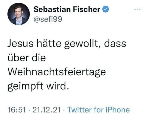 Verschwörungstheorien
Tweet von Senastin Fischer Leiter Hauptstadtbüro @DerSPIEGEL
["Jesus hätte gew...