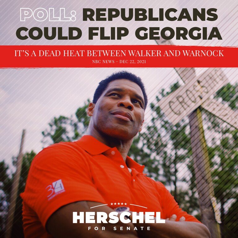 NBC News is reporting a new poll has #TeamHerschel pulling ONE POINT AHEAD in our race — 49% to 48%! If the unfair, imbalanced News Media is admitting this