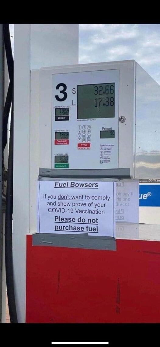 Sign seen at Australia gas station. In some areas of Australia, people have to travel 100 miles just to get groceries so to deny them gas is very cruel pun