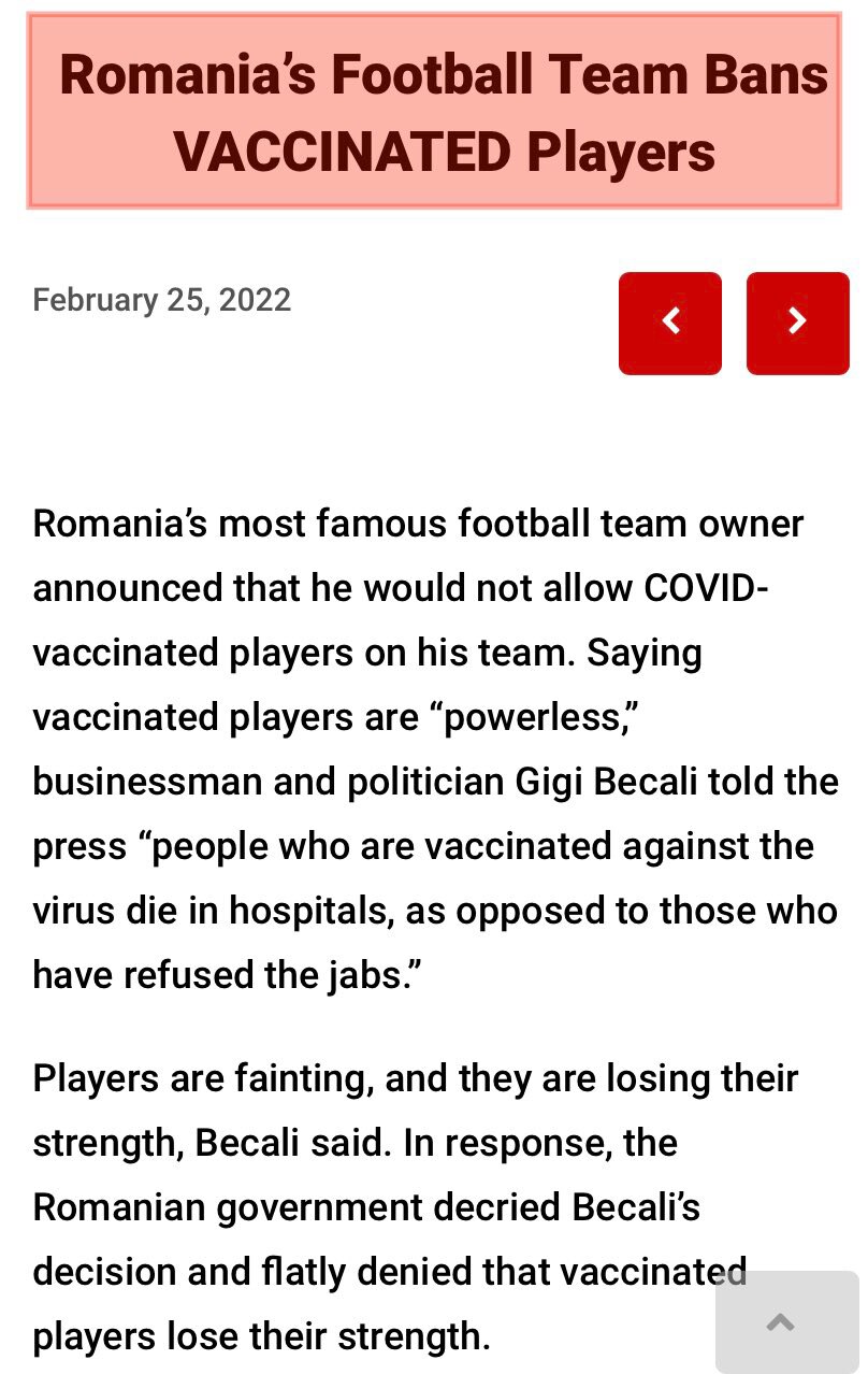 罗马尼亚著名足球队的老板贝卡利说：“我们将拒绝加入已经接种过新冠疫苗的球员。” “接种过疫苗的运动员会失去体力。他们在比赛中晕倒，而且与未接种过的人不同，如果他们感染了病毒，他们会死在医院里。”