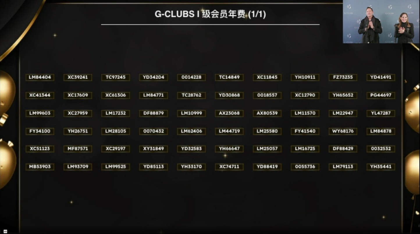 【G|Clubs 2022年会G|Talks中奖名单】

奖品1⃣️6⃣️：GCLUB 会员年费
1.GCLUB 会员年费等级一 (单价: $500.00)
数量：60
2. GCLUB 会员年费等级二 (单价: $1,000.00)
数量：56
3. GCLUB 会员年费等级三 (单价: $1,500.00)
数量：50
4. GCLUB 会员年费等级四 (单价: $2,000.00)
数量：40
5. GCLUB 会员年费等级五 (单价: $2,500.00)
数量：35

获奖者如图

恭喜中奖者！🎉🎉🎉🎉🎉🎉🎉🎁🎁🎁🎁🎁🎁🎁

【G|Talks 2022 by G|Clubs Sweepstakes Winner’s List】

Prize 1⃣️6⃣️: GCLUB Annual Fee Waive 
1.GCLUB Annual Fee Waive Tier 1 (Unit Value: $500.00) 
No.: 60
2. GCLUB Annual Fee Waive Tier 2 (Unit Value: $1,000.00) 
No.: 56
3.GCLUB Annual Fee Waive Tier 3 (Unit Value: $1,500.00) 
No.: 50
4.GCLUB Annual Fee Waive Tier 4 (Unit Value: $2,000.00)
No.: 40
5. GCLUB Annual Fee Waive Tier 5 (Unit Value: $2,500.00) 
No.: 35

The winners are as following

Congratulations to the winners!🎉🎉🎉🎉🎉🎉🎉🎁🎁🎁🎁🎁🎁