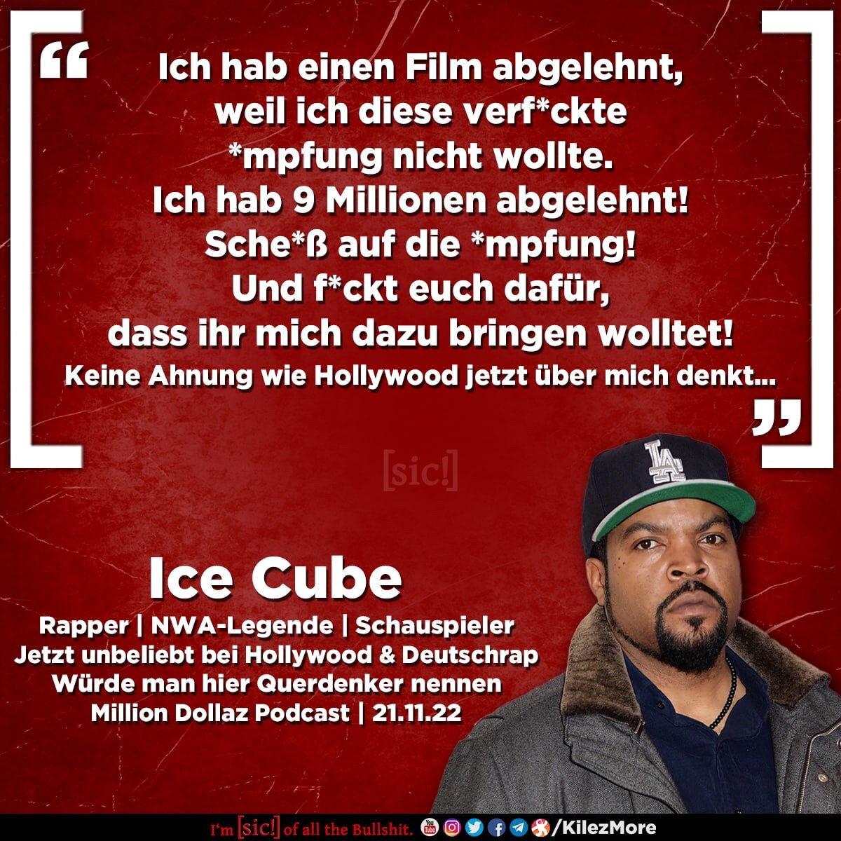NWA-Legende Ice Cube lehnte einen 9mio Filmdeal ab, weil er sich nicht *mpfen lassen wollte. 👀

Man...
