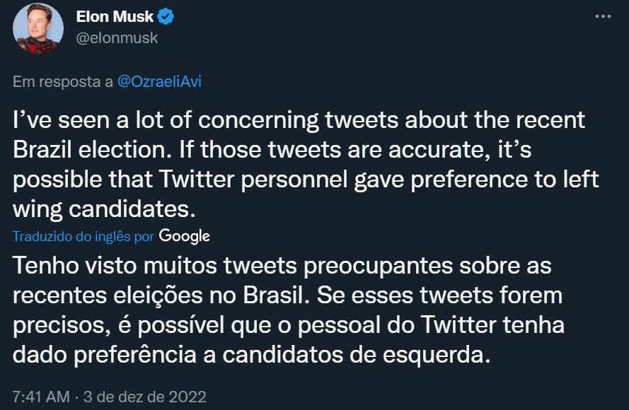 Após revelar o escândalo Hunter Biden envolvendo o Twitter durantes as eleições nos EUA, Musk diz que "é possível que o pessoal do Twitter tenha dado preferência a candidatos de esquerda [nas eleições brasileiras]"