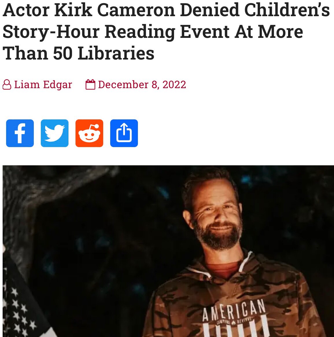 Kirk Cameron’s new faith-based children’s book was denied by over *50* libraries to be read in story...