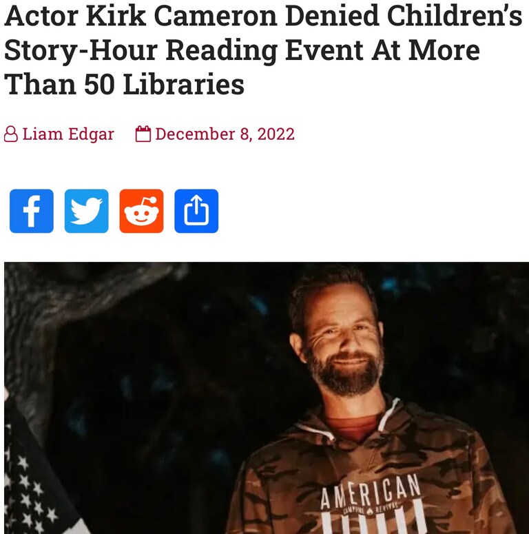 Kirk Cameron’s new faith-based children’s book was denied by over *50* libraries to be read in story hour to kids

Some of these libraries hosted Drag Quee