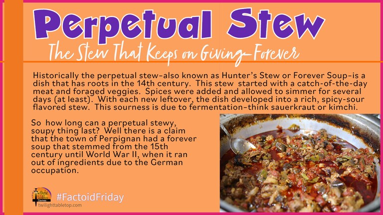 You may have noticed the prompt from yesterday for the "Never Ending Stew" and this is the inspiration: The Perpetual Stew.  🍲🤤❤🏹🥕🥒🍆🍠🐟🦌🐇 #t3 #twi