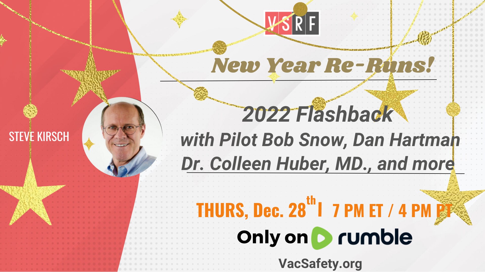 🎉Join us in closing out 2023 & almost 2 years since our historic #DefeatTheMandates rally in DC! 🪧✊
Tonight at 7pm ET | 4pm PT, catch a special VSRF LIVE showcasing our best episodes from 2022.
Celebrate with us exclusively on Rumble 📺
https://rumble.com/c/VaccineSafetyResearchFoundation
