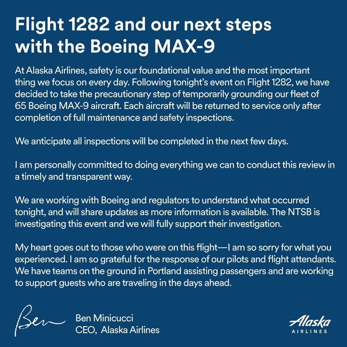 BREAKING: Alaska Airlines CEO Ben Minicucci released the following statement in the wake of the Flig...