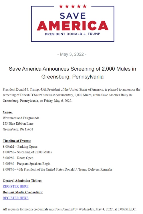 Save America Announces Screening of 2,000 Mules in Greensburg, Pennsylvania

General Admission Ticke...