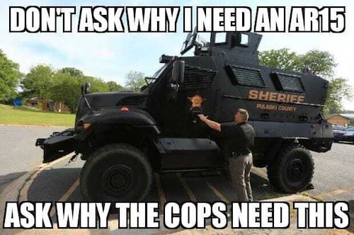 Don't Ask Why I Need an AR-15, Ask Why Cops Need AFVs

H/T Libertarian Party of Kentucky
Tuesday, June 7, 2022 at 12:17 PM MST
https://facebook.com/LPKentucky/posts/382111030615634

"But wait, there's more!" as the televised pitchmen say.

Those same hoplophobe and victim disarmers who demand that you surrender your AR-15- and your AK-47-style rifles so that they can have their momentary "warm fuzzy" that they "got something done" and "made a difference" -- their sock puppets in the New York State Legislature want New Yorkers that aren't Political Classholes or in the service of same to surrender any privately-owned body armor in their possession:

https://reason.com/2022/06/09/new-yorks-body-armor-ban-may-be-stupidest-gun-legislation-yet/

https://wp.me/p12LUf-le