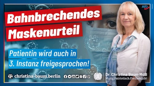 Skandalös, wenn sich #Patienten gerichtlich gegen Übergriffe des Staates wehren müssen. 

In einem aktuellen Verfahren wollte die #Staatsanwaltschaft eine Frau aufgrund eines angeblich falschen #Maskenbefreiuungsattests bestrafen lassen. 

Nie wieder sollen Bürger gezwungen sein, ihnen zustehende #Grundrechte vor #Gericht durchsetzen zu müssen. 

https://boegelein-axmann.com/maskenbefreiungsattest-bahnbrechende-entscheidung-des-bayerischen-obersten-landesgerichtes/

https://christina-baum.berlin/klartext/gesundheit/bahnbrechendes-maskenurteil

https://www.facebook.com/Freunde-von-Dr-Christina-Baum-MdB-AfD-111608231647373

https://twitter.com/drchristinabaum/status/1561733888350855168

https://www.instagram.com/p/ChkQmDYoMEf/

#Corona #AfDwählen #Deutschlandretten