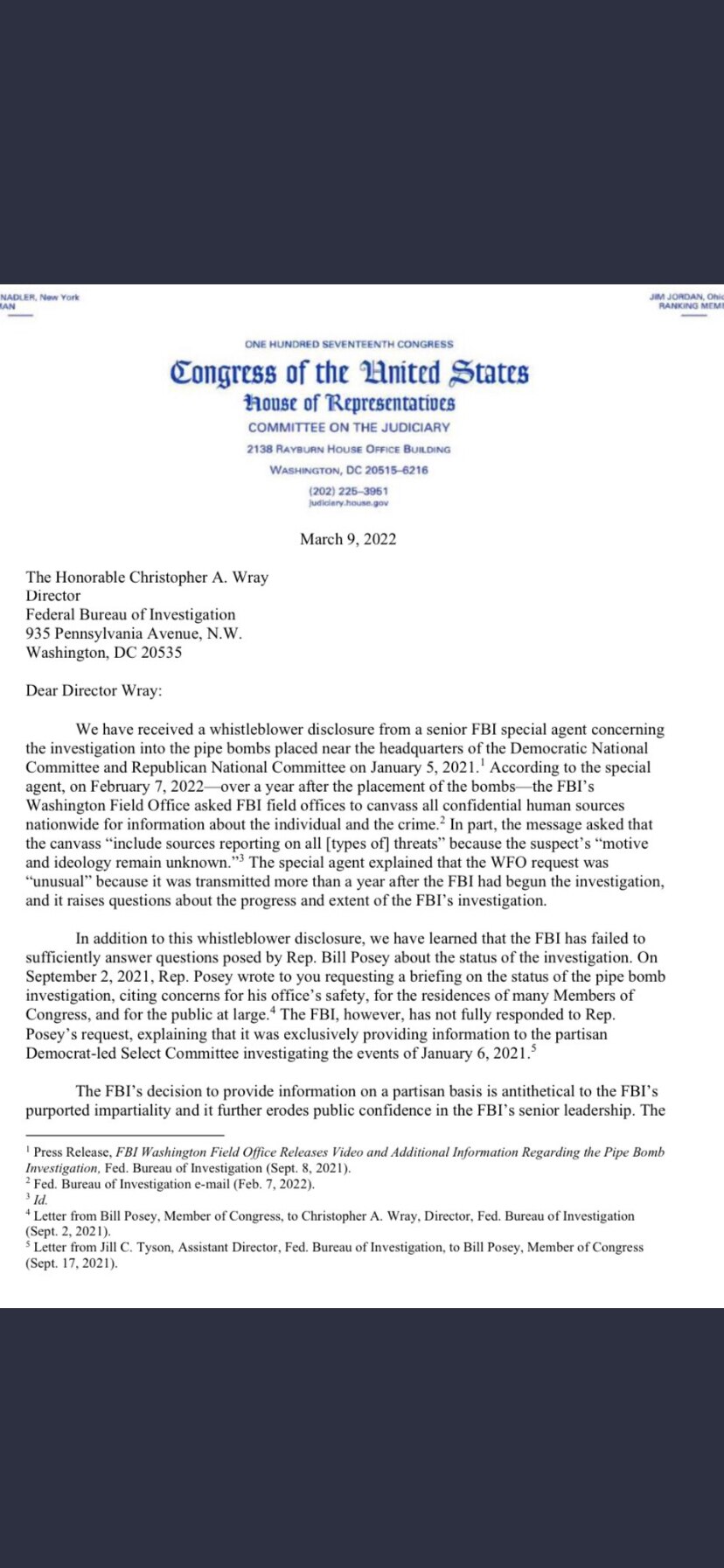Breaking News: A senior FBI Agent is blowing the whistle on the FBI’s stalled effort to investigate J6! The FBI is only providing information to the Democratic Select Committee investigating J6. “The FBI's decision to provide information on a partisan basis is antithetical to the FBI's purported impartiality and it further erodes public confidence in the FBI's senior leadership.” J6 was a Democratic farce backed by the FBI. Free J6 political prisoners now! @BrandonStraka @lancemigliaccio @SiberianKitten @Miles @BrandonStraka @RepMattGaetz @Jim_Jordan @NRSC @laurenboebert @LauraLoomer @JDVance1 @RepMTG 