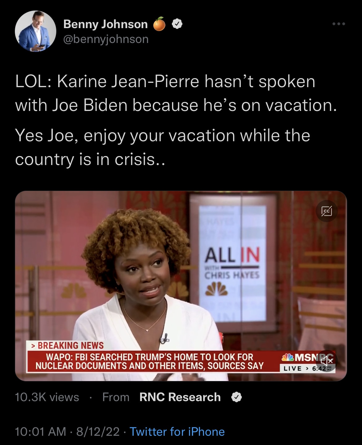 WATCH: https://twitter.com/bennyjohnson/status/1558136507080343557?s=21&t=gl93sRl2GrMt20mPa_c5Vw 

