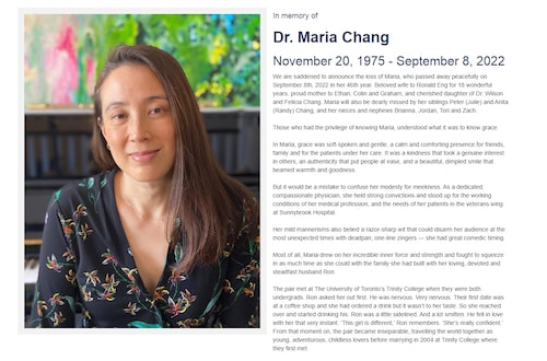 🔥 Another 46yo Toronto doctor has "died suddenly" 🔥

Thank you to Michael C. for finding this.

46 yo Toronto family doctor Dr.Maria Chang has died suddenly on September 8, 2022.

Canadian Medical Association (CMA) remains silent and doesn't seem to care about the exponential rise in young Canadian doctor deaths (since the rollout of the 2nd COVID booster jab).

https://mountpleasantgroup.permavita.com/site/DrMariaChang.html