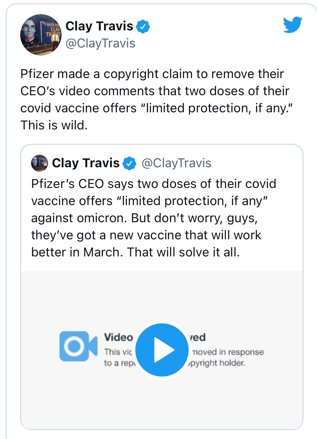 The Pfizer CEO says that two doses of the “vaccine” are useless.

Now they are scrubbing the internet of the video.

Pass it on.