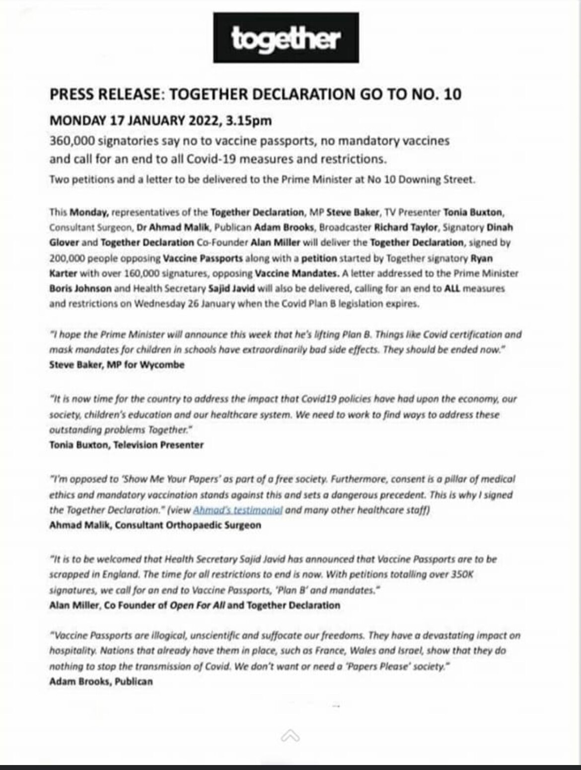 @alanvibe #togetherdeclaration Today the Together Declaration deliver 360,000 signatories to 10 Down...