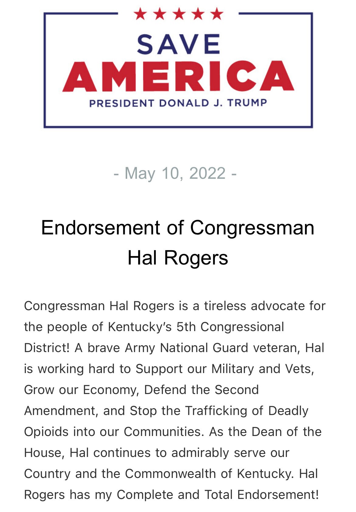 Endorsement of Congressman Hal Rogers