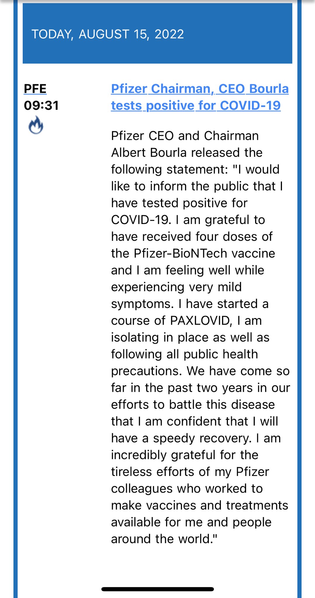 CEO of Pfizer gets Covid…propaganda checklist:

✅Grateful for his 4 doses
✅Will start a course of Paxlovid
✅Confident in speedy recovery 

The truth checklist:

✅The so called “Vaccine” doesn’t work after 4 doses
✅What kind of “Vaccine” requires another drug after failing?
✅Speedy recovery? No evidence has ever been shown to confirm this talking point which is nothing more than a marketing statement 

The folks who buy first checklist are at this point not very bright.  

