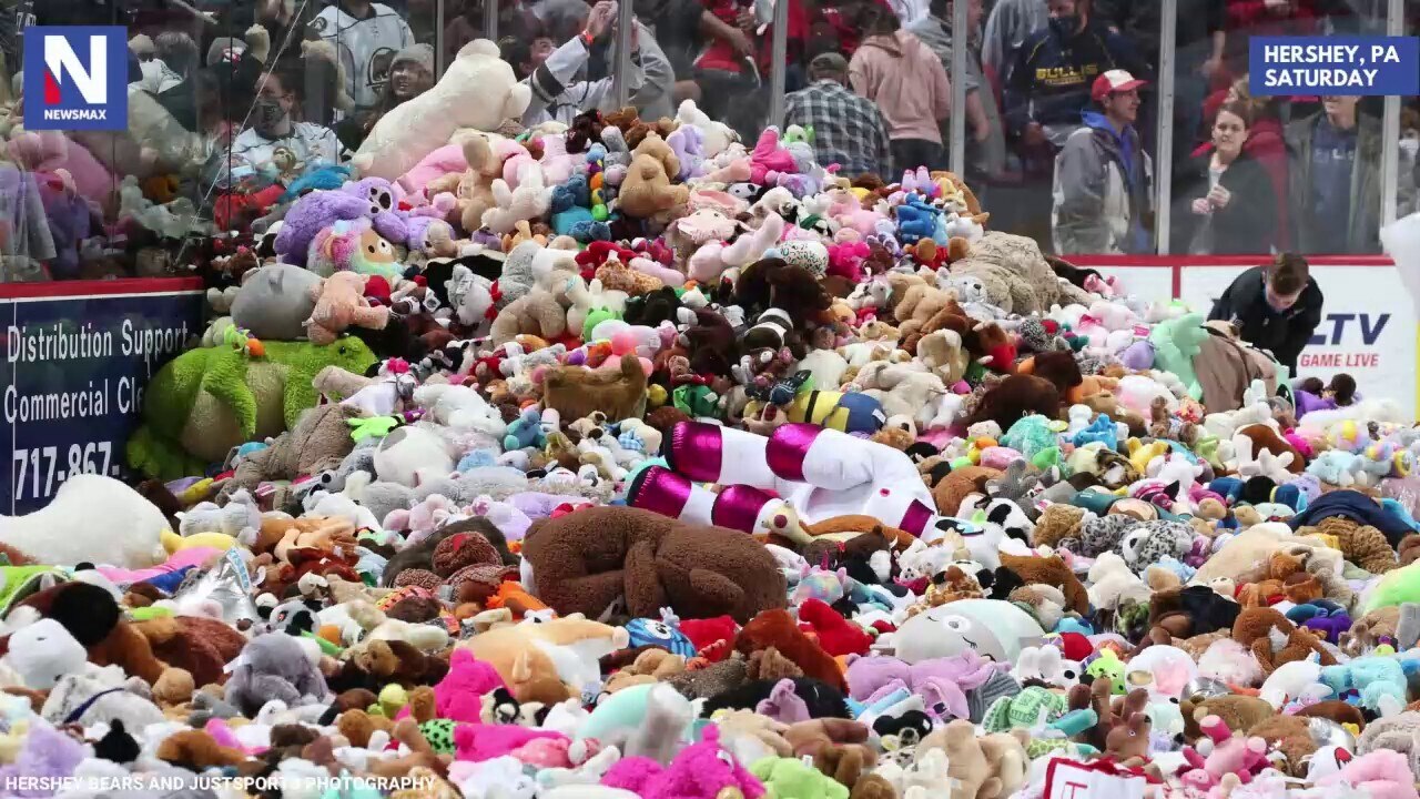 GRIN AND "BEAR" IT: The fur flew in Hershey, Pa. Saturday night as the American Hockey League's Hershey Bears set a new world record as part of their annual "Teddy Bear Toss" after the team's first goal, collecting 52,341 stuffed animals for 25 local charities.
Saturday's total bested the team's previous world record of 45.765 in 2019. The Bears have collected more than 322,000 teddy bears since 2001.