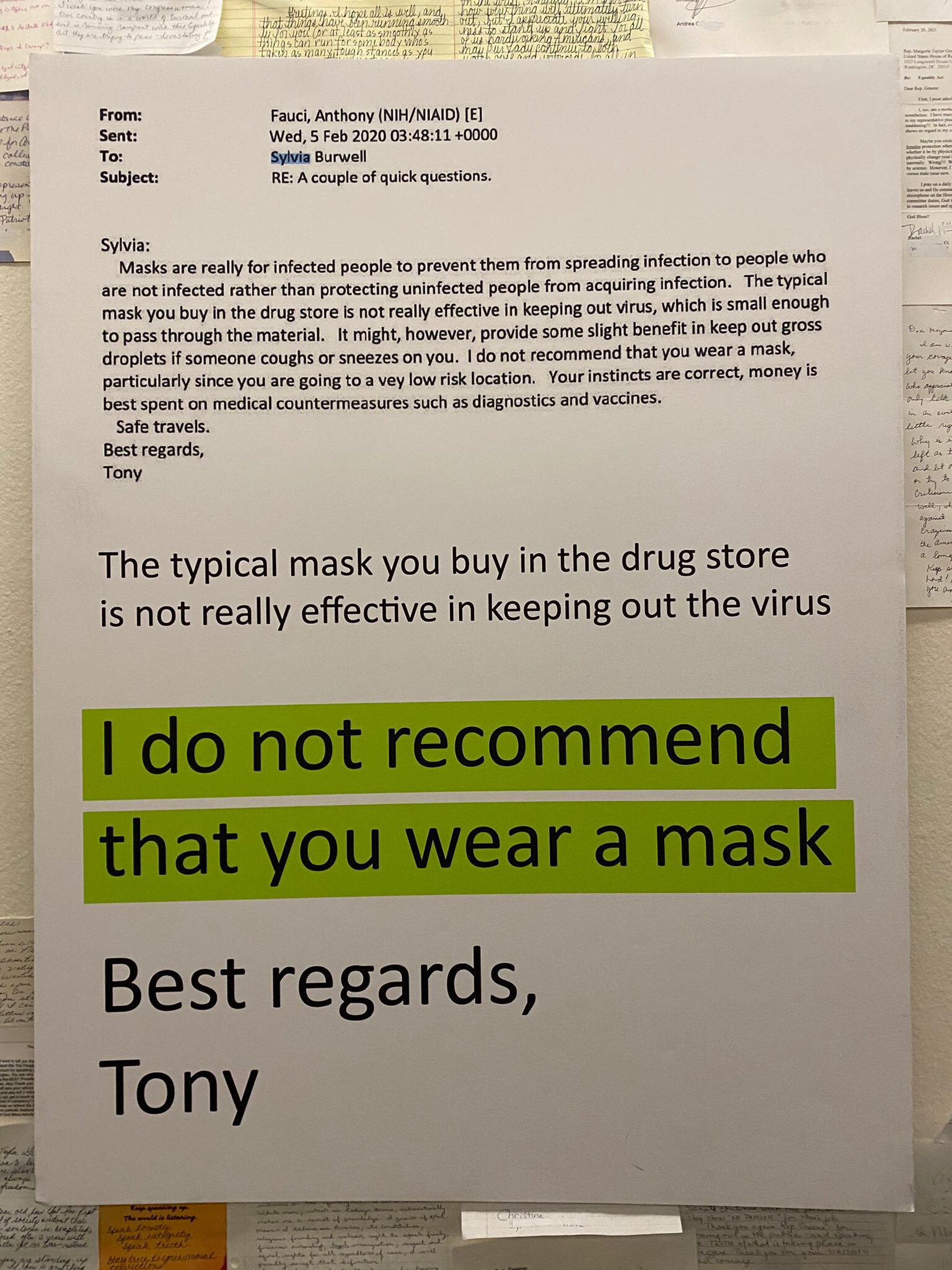 I replaced my Let’s Go Brandon sign, since stolen, with an email from Dr. Frankenstein about his recommendation that masks don’t work.

I’m fined $2,500 every time I go on the House floor without a mask, it’s important to echo the “wisdom”of the all knowing Dr. Fauci.

#SignGate