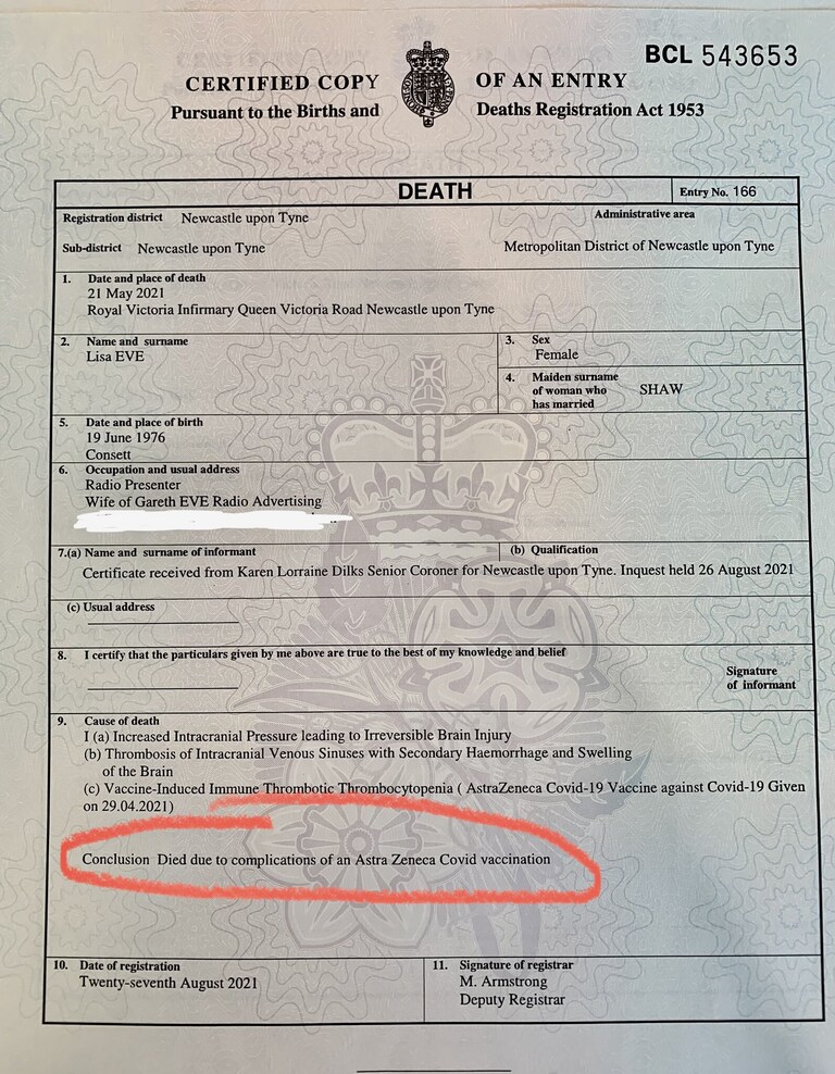 BBC radio presenter Lisa Eve's death certificate released by her devastated husband, who has shouted his concerns, confirming jab death.