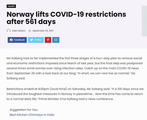 #globalnews 26/10 Norway lifts COVID-19 restrictions after 561 days
挪威是继丹麦于 9 月 10 日取消 COVID-19 限制之后，北欧地区第二个取消限制的国家