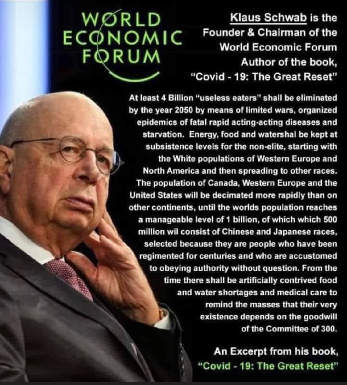 Here’s the reason why we are going though this plandemic because of evil people like Klaus Schwab and the World Economic Forum Group  

