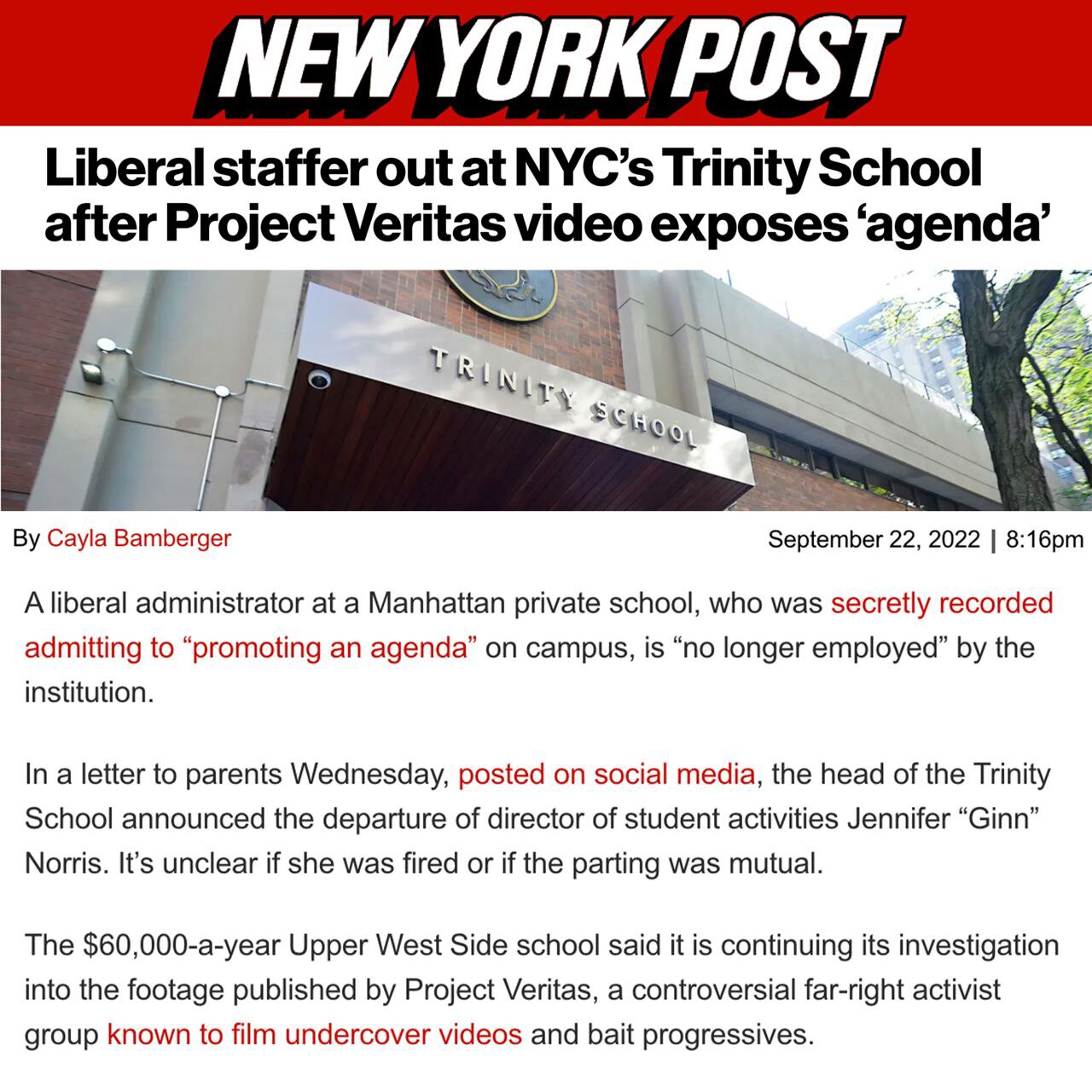 "A liberal administrator at a Manhattan private school, who was secretly recorded admitting to 'prom...